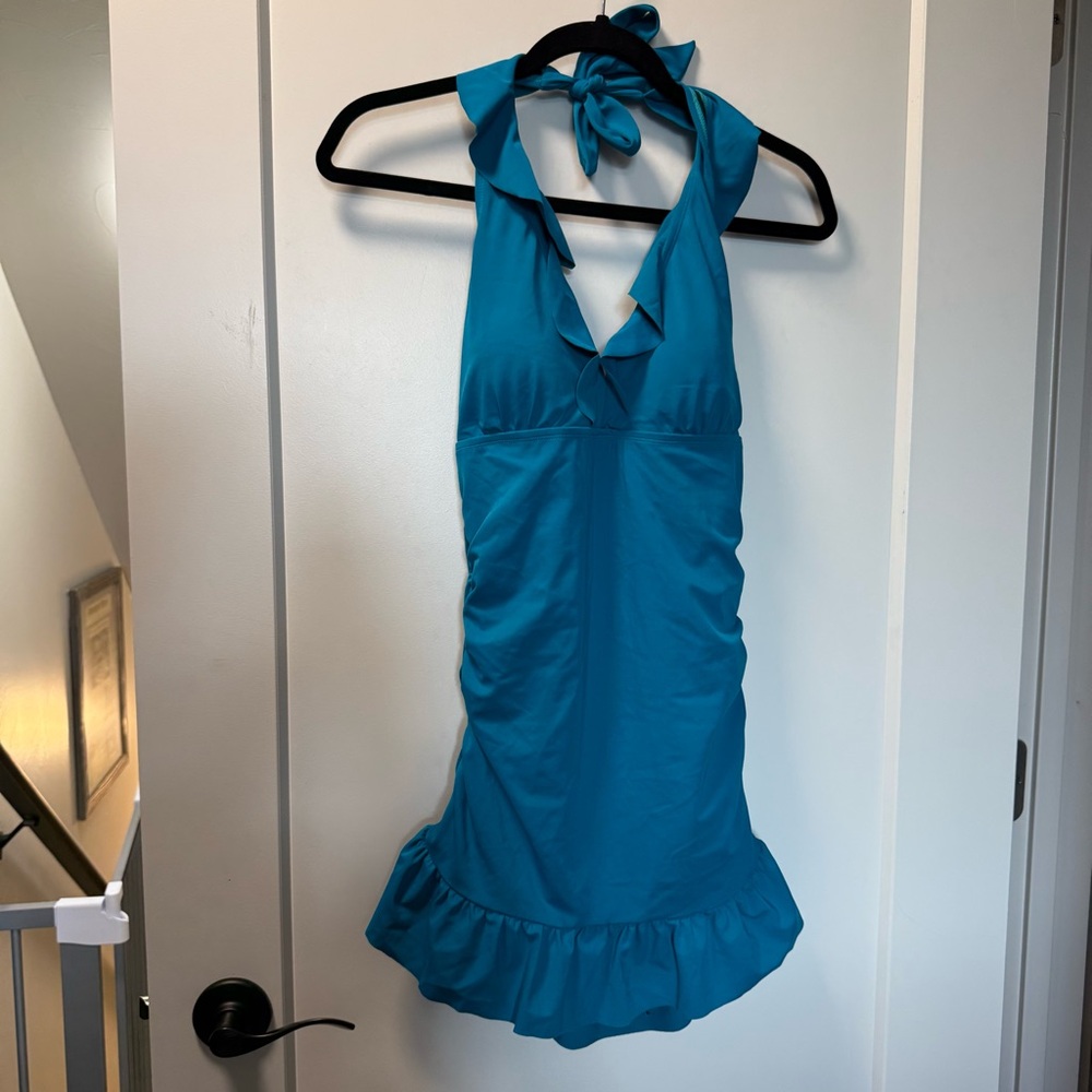 Jaclyn Smith Turqoise Ruffle One Piece Swimsuit Halter Neck Skirt Swingback 8
